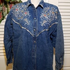 PRETTY BLEU Sequin Western Denim Shirt VGU Large Oversized Vintage